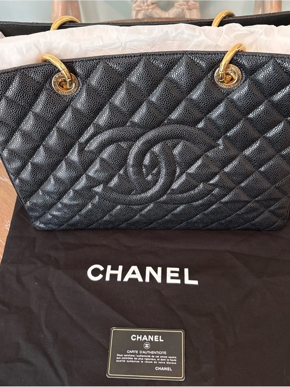 Authentic Chanel Quilted Leather Grand Shopping Tote Bag in Black